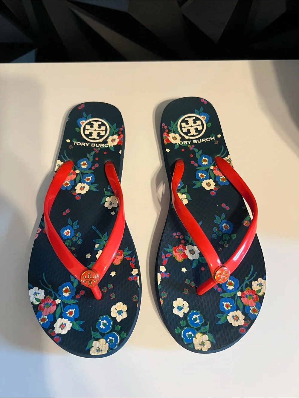 Tory Burch Navy Floral Flip Flops Size 7.5